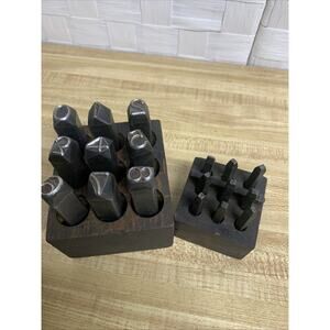 Vintage 1/4 & 5/8 Inch Complete Unbranded Number Steel Punch Sets w/ Wooden Case